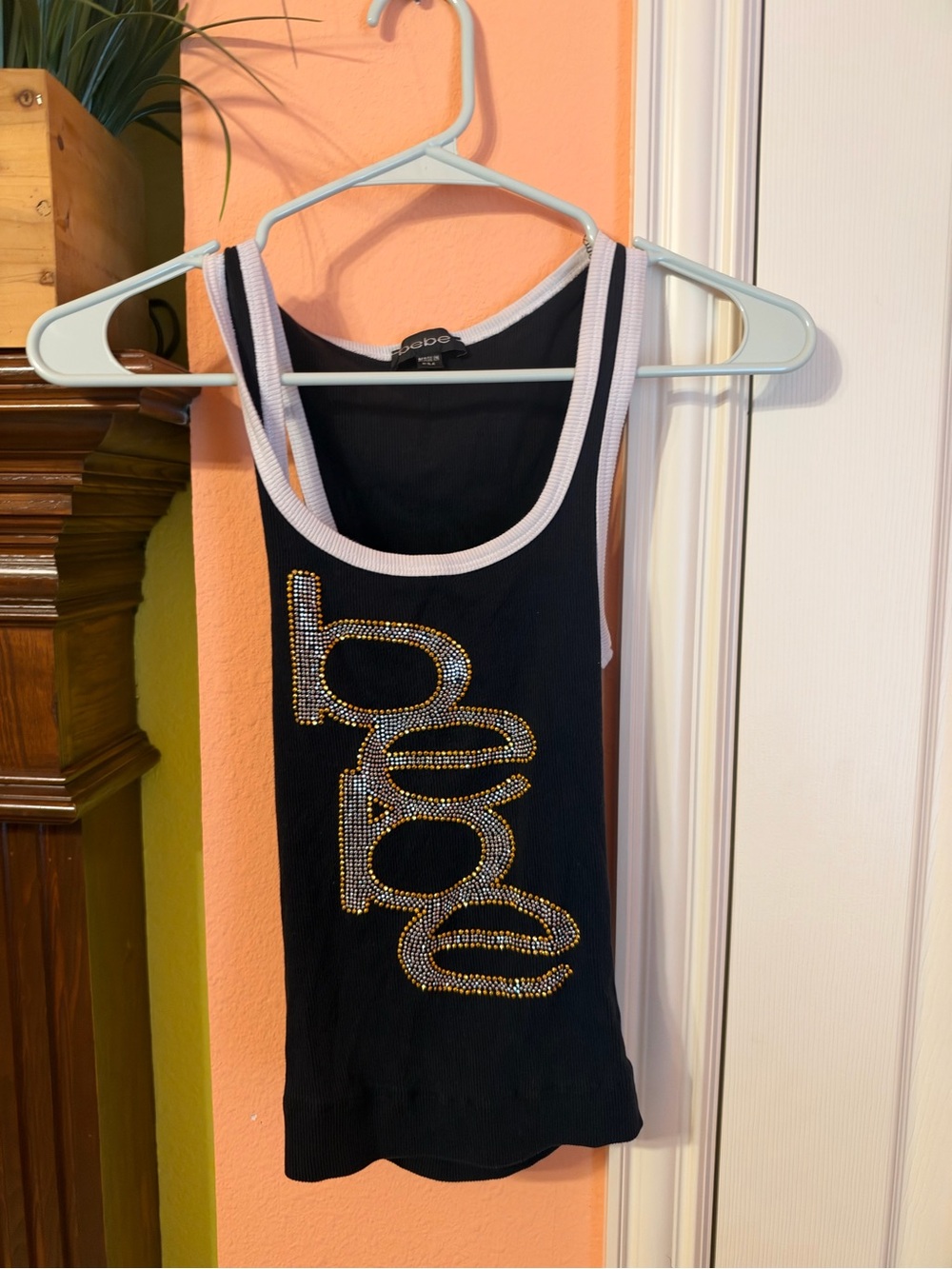 bebe Black Tank Top with Rhinestone Logo and White Trim